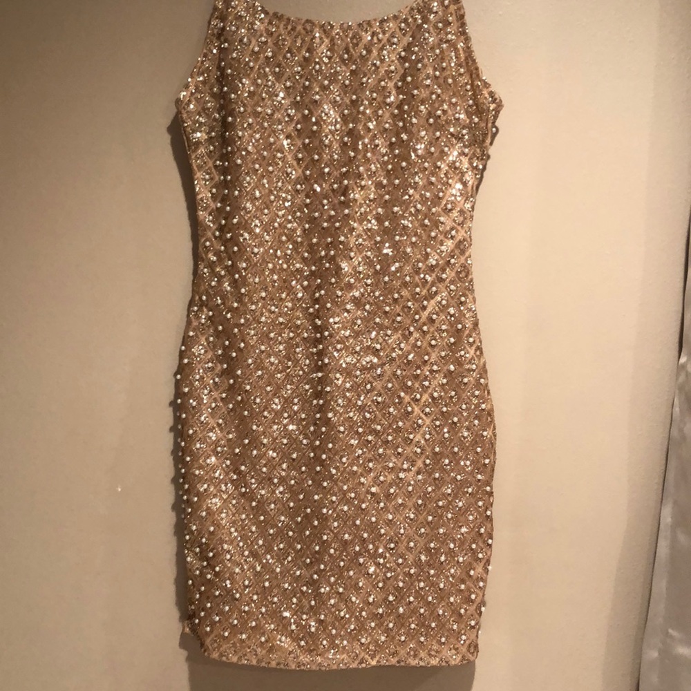 Champagne color pearl and glitter mini dress